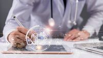 AI innovation in the medical field. Doctors use digital pens to record data on tablets. chatbot conversation customer service .