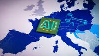 Europe Map with virtual gavel and sound block and a CPU with AI word