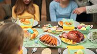Easter Lunch with Roast Pork, Vegetables, Easter Cookies and Easter Cake