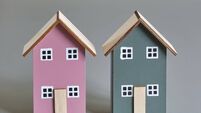 Two miniature houses in red and green