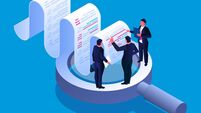 Bill analysis and test check, isometric three businessmen standing on a magnifying glass to discuss and analyze billing data