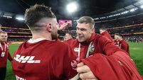 Hugo Keenan and Garry Ringrose celebrate after the match 26/7/2025