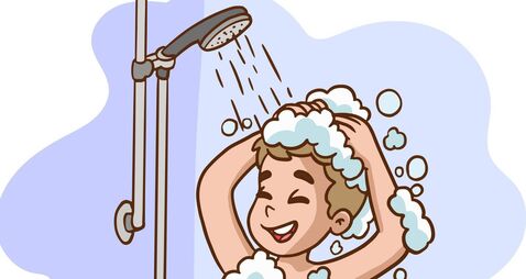cute child taking a bath.Little child boy character take a shower. Daily routine. Bathroom interior background. Vector cartoon i