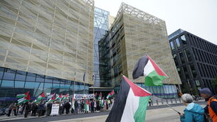 <p>A protest organised by the Ireland-Palestine Solidarity Campaign outside the Central Bank of Ireland in May. The Central Bank last month came under mounting pressure to reject the prospectuses of Israeli bonds, which are largely being used to fund the country's war efforts in Gaza.</p>