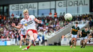 <p>Peter Colton of Tyrone scores his side's first goal, a penalty, during the Electric Ireland All-Ireland MFC final. Pic: Piaras Ó Mídheach/Sportsfile</p>
